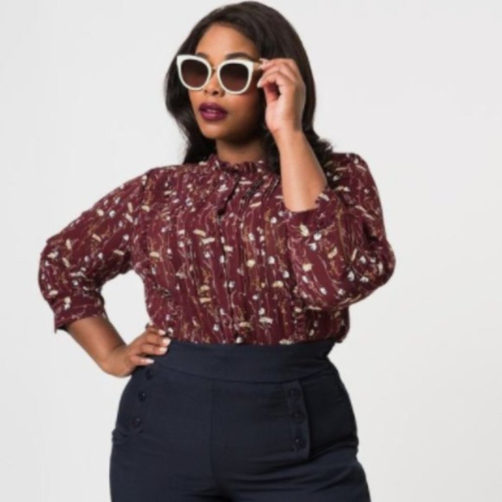 Unique Vintage Burgundy Chiffon Ruffle Blouse 2x